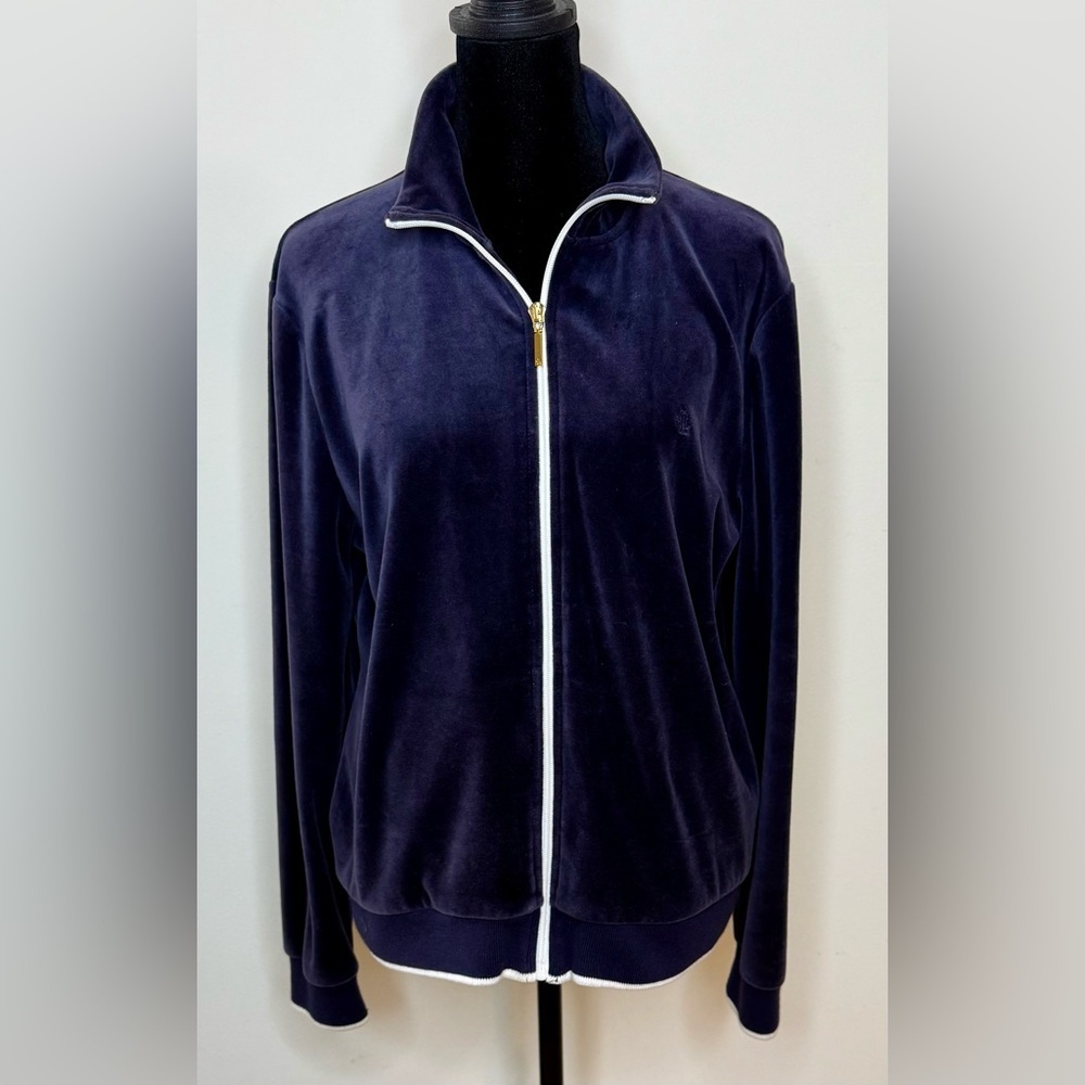 Lauren Ralph Lauren Blue soft Velour zip up preppy athletic track jacket large
